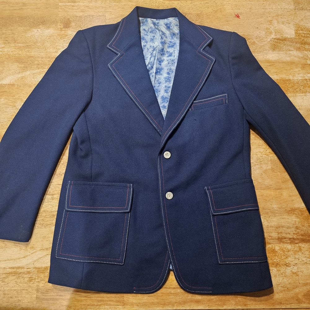 VTG Tony Kent Esquire Mens Blazer Sport Coat Navy Contrast Stitch Jacket